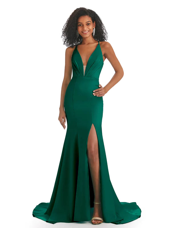 Sexy V-Neck Mermaid Side Slit Corset Back Soft Satin Long African Bridesmaid Dresses In Stock