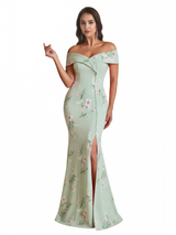 Sexy Off Shoulder Mermaid Long Satin Floral Formal Dresses For Women
