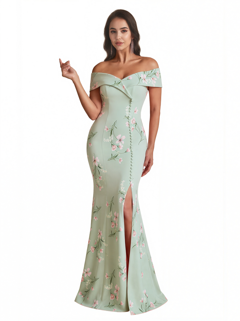 Sexy Off Shoulder Mermaid Long Satin Floral Formal Dresses For Women