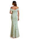 Sexy Off Shoulder Mermaid Long Satin Floral Formal Dresses For Women