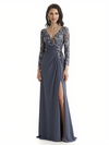 Elegant V-Neck Chiffon Long Sleeves Lace A-Line Floor Length Mother Of The Bride Dresses