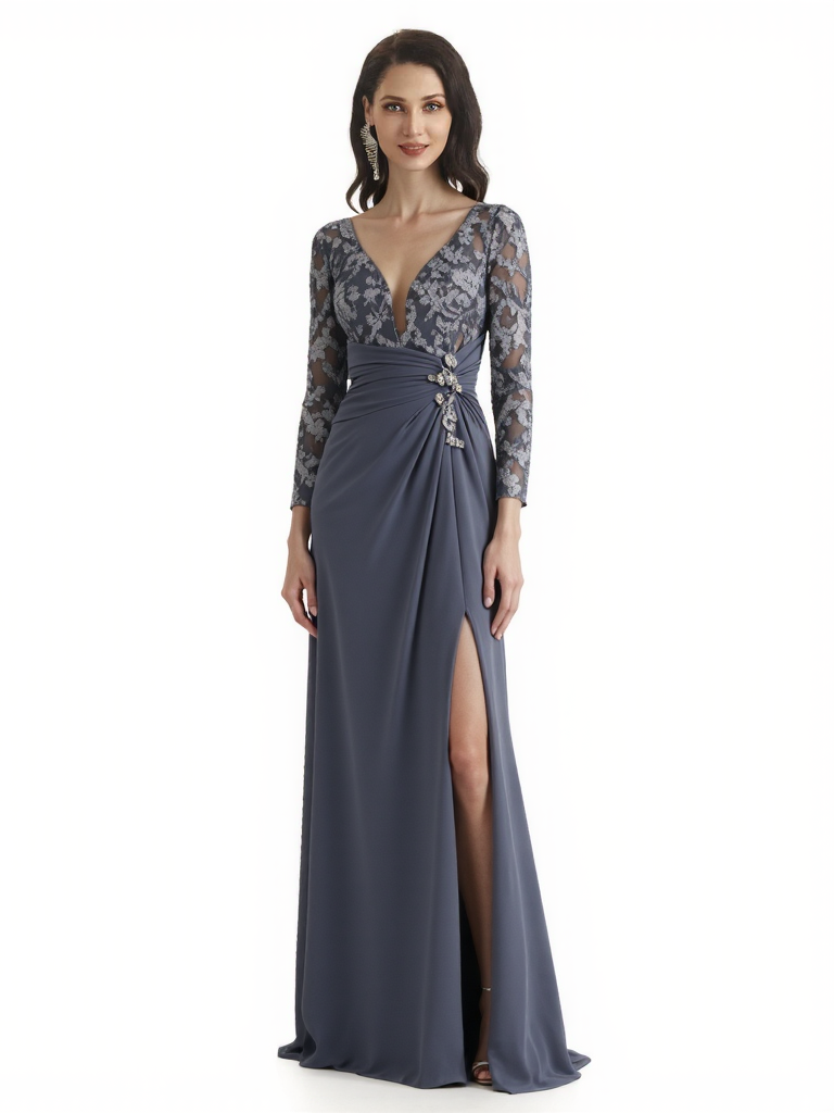 Elegant V-Neck Chiffon Long Sleeves Lace A-Line Floor Length Mother Of The Bride Dresses