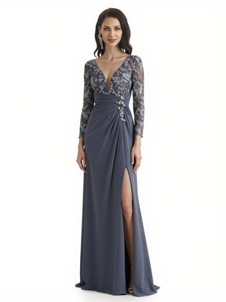 Elegant V-Neck Chiffon Long Sleeves Lace A-Line Floor Length Mother Of The Bride Dresses