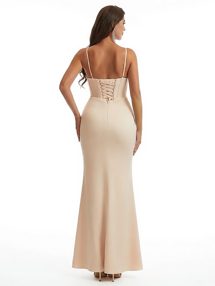 Sexy Mermaid Spaghetti Straps V-Neck Ruched Crepe Long Formal Dresses Side Slit