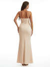 Sexy Mermaid Spaghetti Straps V-Neck Ruched Crepe Long Formal Dresses Side Slit