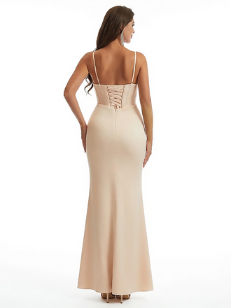 Sexy Mermaid Spaghetti Straps V-Neck Ruched Crepe Long Formal Dresses Side Slit