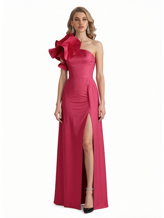 Sexy One Shoulder Silky Satin Side Slit A-Line Long Formal Evening Dresses For Women