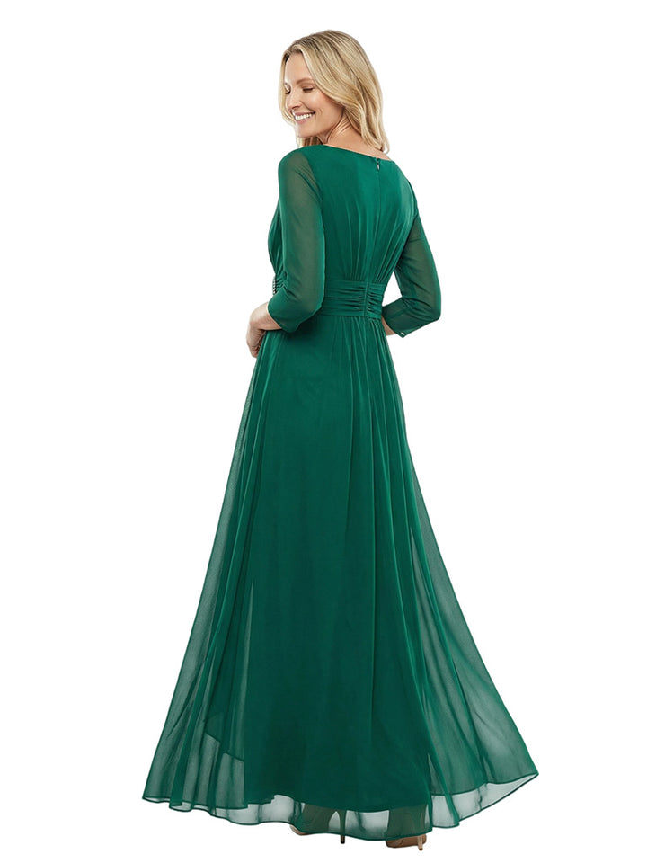 Modern Jewel 3/4 Sleeves Chiffon Mother Of The Bride Dress With Unique Side Pleats