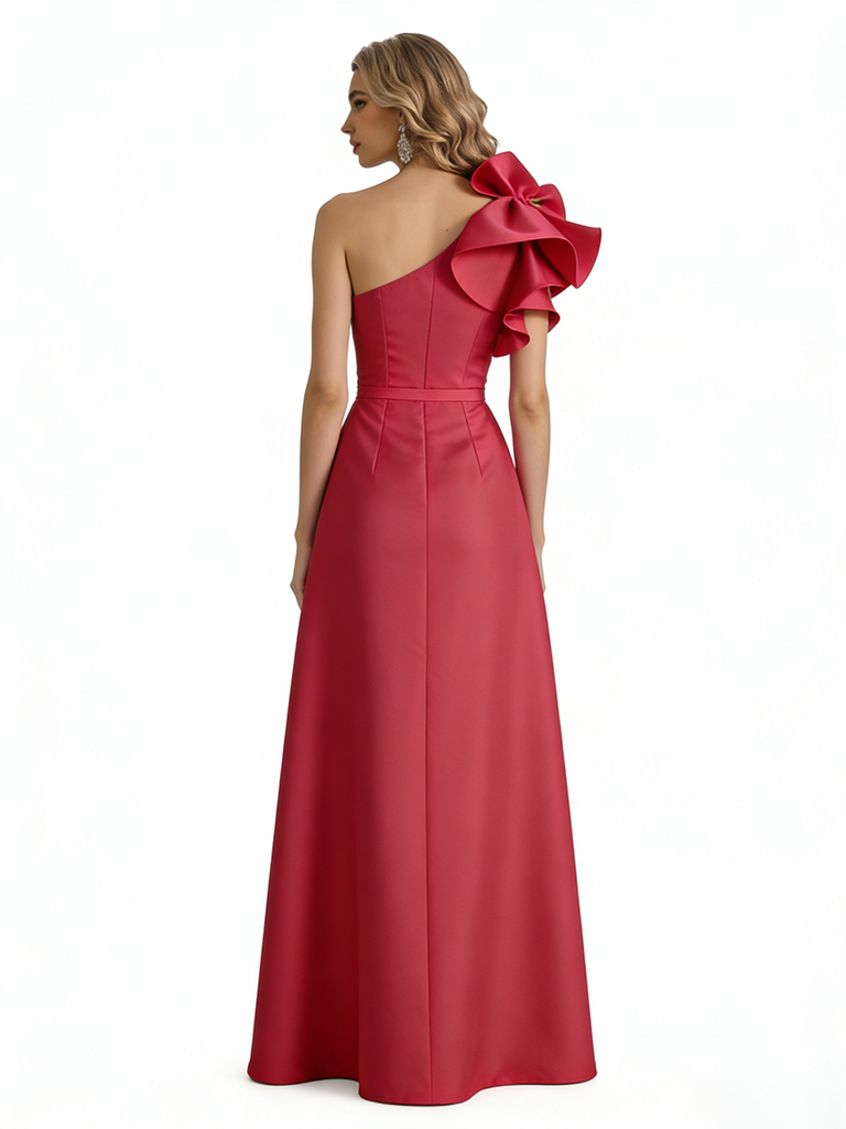 Sexy One Shoulder Silky Satin Side Slit A-Line Long Formal Evening Dresses For Women