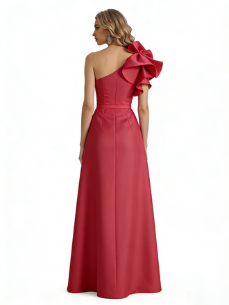 Sexy One Shoulder Silky Satin Side Slit A-Line Long Formal Evening Dresses For Women