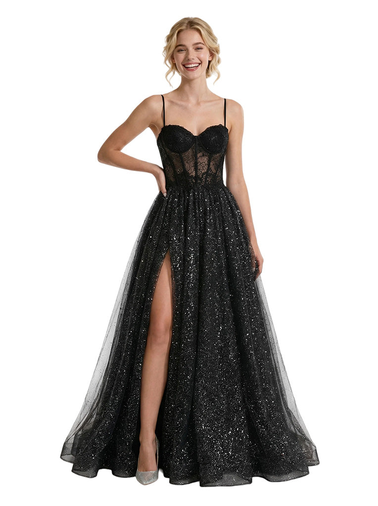 Sexy Glitter Jersey A-Line Spaghetti Straps Boning Side Slit Prom Dress