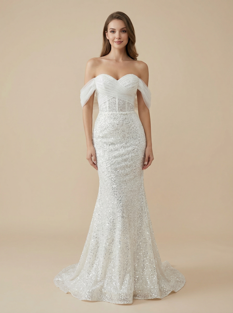 Mermaid Off Shoulder Boning Maxi Long Sequin Wedding Gowns With Train