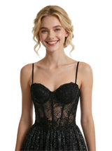 Sexy Lace Glitter Tulle A-Line Spaghetti Straps Corset Side Slit Prom Dress