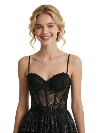 Sexy Glitter Jersey A-Line Spaghetti Straps Boning Side Slit Prom Dress