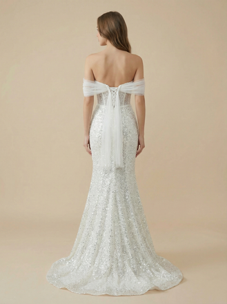 Mermaid Off Shoulder Boning Maxi Long Sequin Wedding Gowns With Train