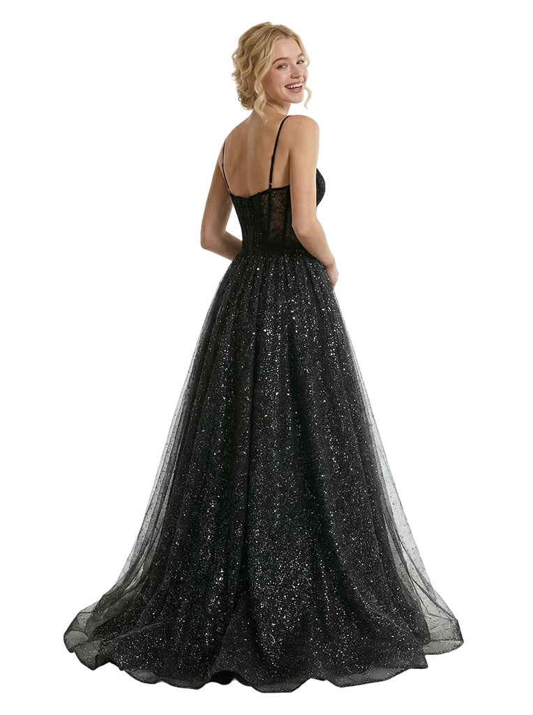 Sexy Lace Glitter Tulle A-Line Spaghetti Straps Corset Side Slit Prom Dress