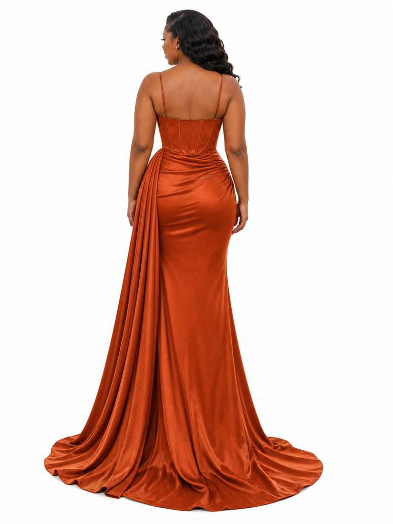 ChicSew Fancy Spaghetti Straps Boning Side Slit Soft Satin Long Mermaid Bridesmaid Dresses