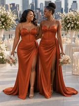 ChicSew Fancy Spaghetti Straps Boning Side Slit Soft Satin Long Mermaid Bridesmaid Dresses