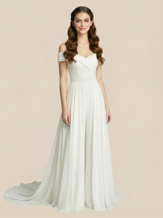 Jumpsuit Off Shoulder Chiffon Maxi Long Wedding Gowns With Train