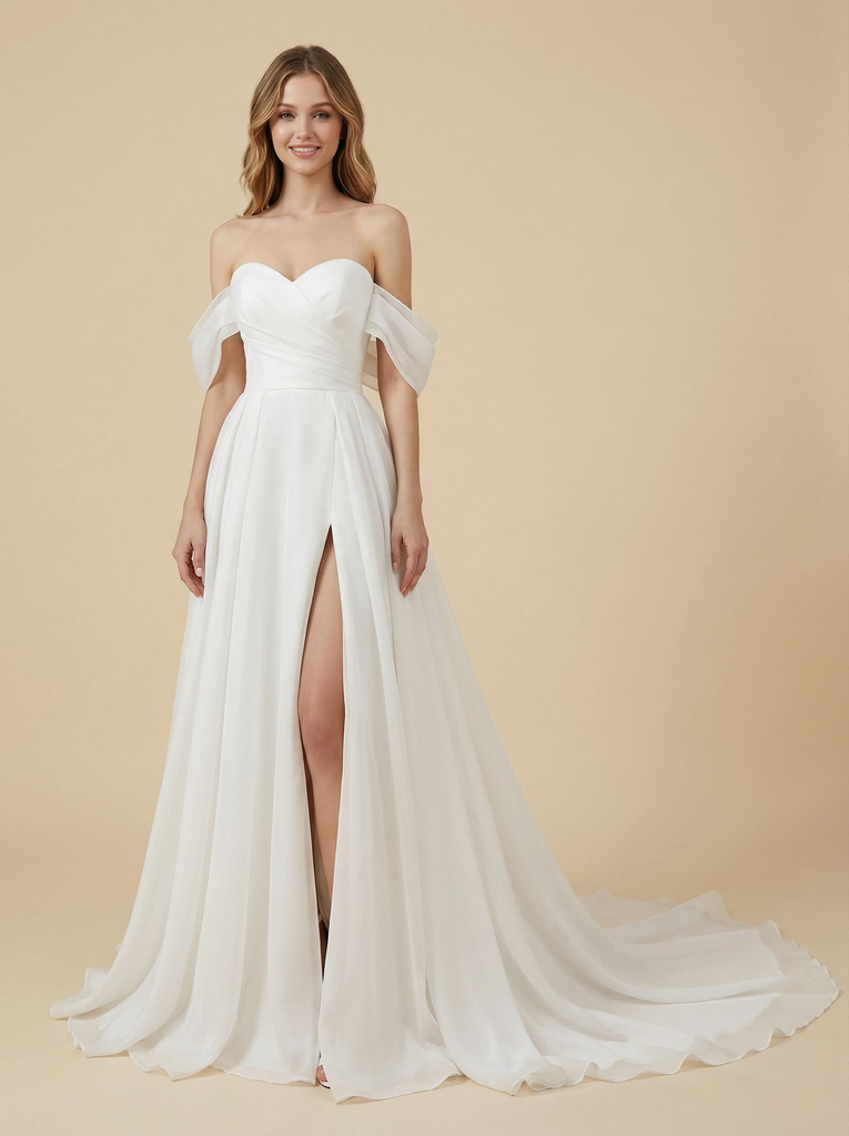 A-Line Off The Shoulder Side Slit Chiffon Maxi Long Wedding Dresses Online