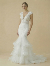 V-Neck Cap Sleeve Mermaid Lace Maxi Long Wedding Gowns Online