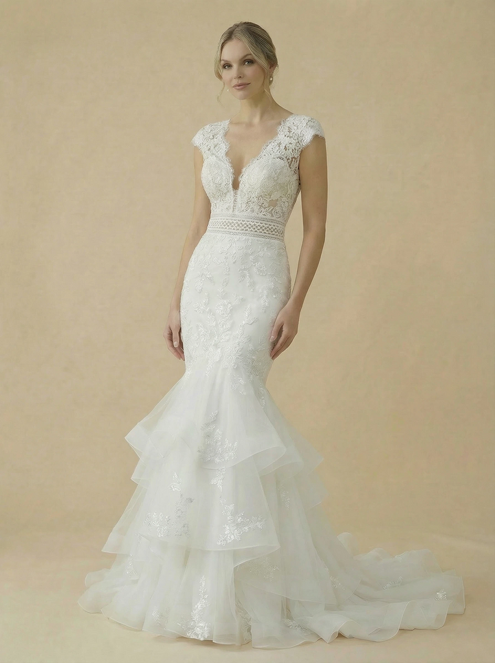 V-Neck Cap Sleeve Mermaid Lace Maxi Long Wedding Gowns Online