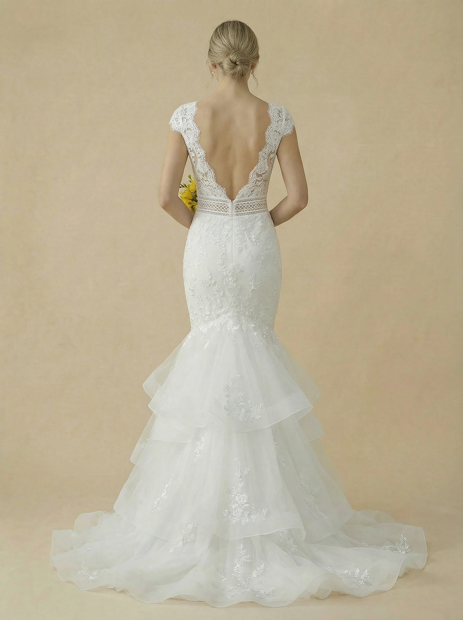 V-Neck Cap Sleeve Mermaid Lace Maxi Long Wedding Gowns Online