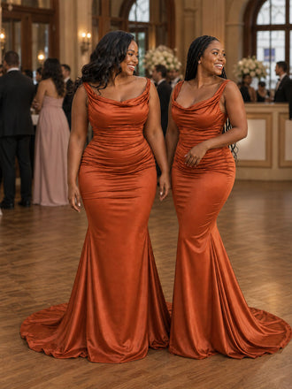 ChicSew Spaghetti Straps Ruching Mermaid Soft Satin Flooe-Length Bridesmaid Dresses