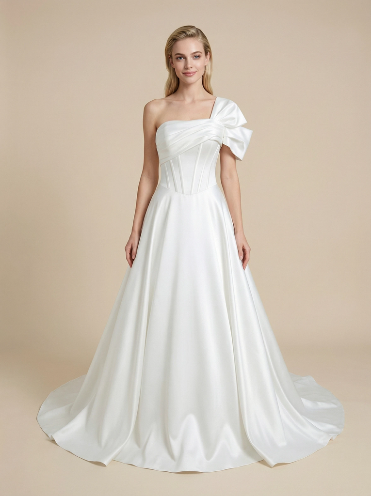 A-Line One Shoulder Boning Maxi Long Satin Wedding Dresses Online