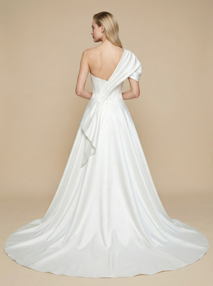 A-Line One Shoulder Boning Maxi Long Satin Wedding Dresses Online