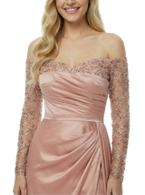 Off Shoulder Satin Beaded Long Sleeves Prom Gown Unique Mermaid Long Party Dresses