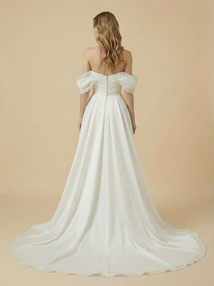 A-Line Off Shoulder Side Slit Maxi Long Ruched Chiffon Beach Wedding Dresses Online
