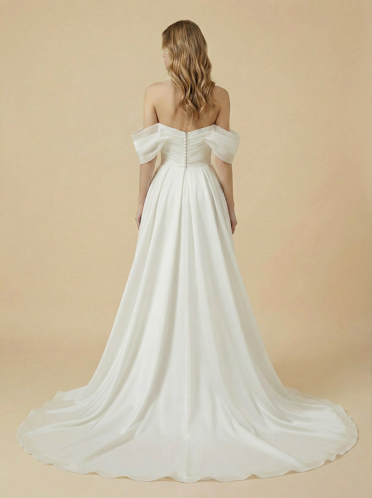 A-Line Off Shoulder Side Slit Maxi Long Ruched Chiffon Wedding Dresses Online