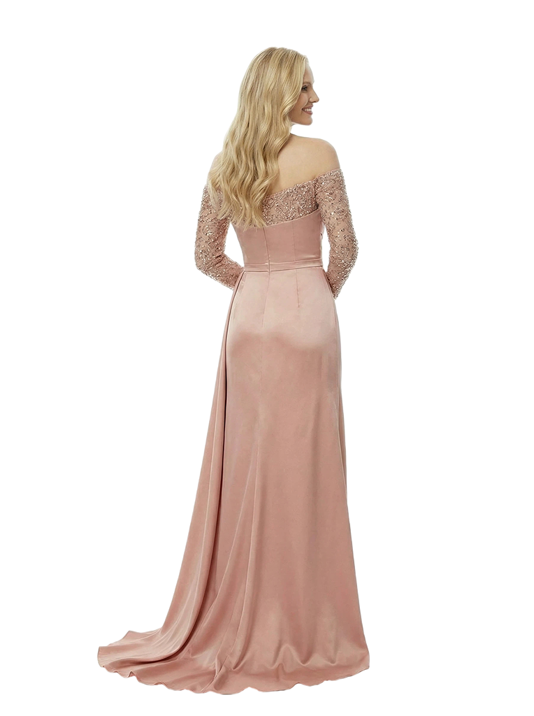 Off Shoulder Satin Beaded Long Sleeves Prom Gown Unique Mermaid Long Party Dresses