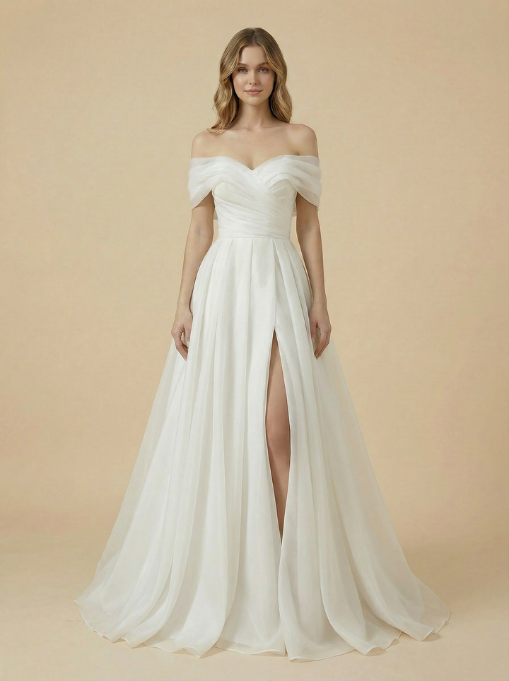 A-Line Off Shoulder Side Slit Maxi Long Ruched Chiffon Beach Wedding Dresses Online