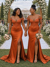ChicSew Sexy Off Shoulder V-Neck Lace Appliques Side Slit Mermaid Soft Satin Bridesmaid Dresses