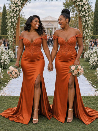 ChicSew Sexy Off Shoulder V-Neck Lace Appliques Side Slit Mermaid Soft Satin Bridesmaid Dresses