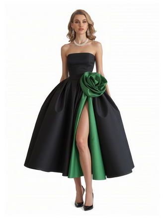 Chicsew Elegant Black and Green Satin Sweetheart A-Line Midi Formal Evening Dresses