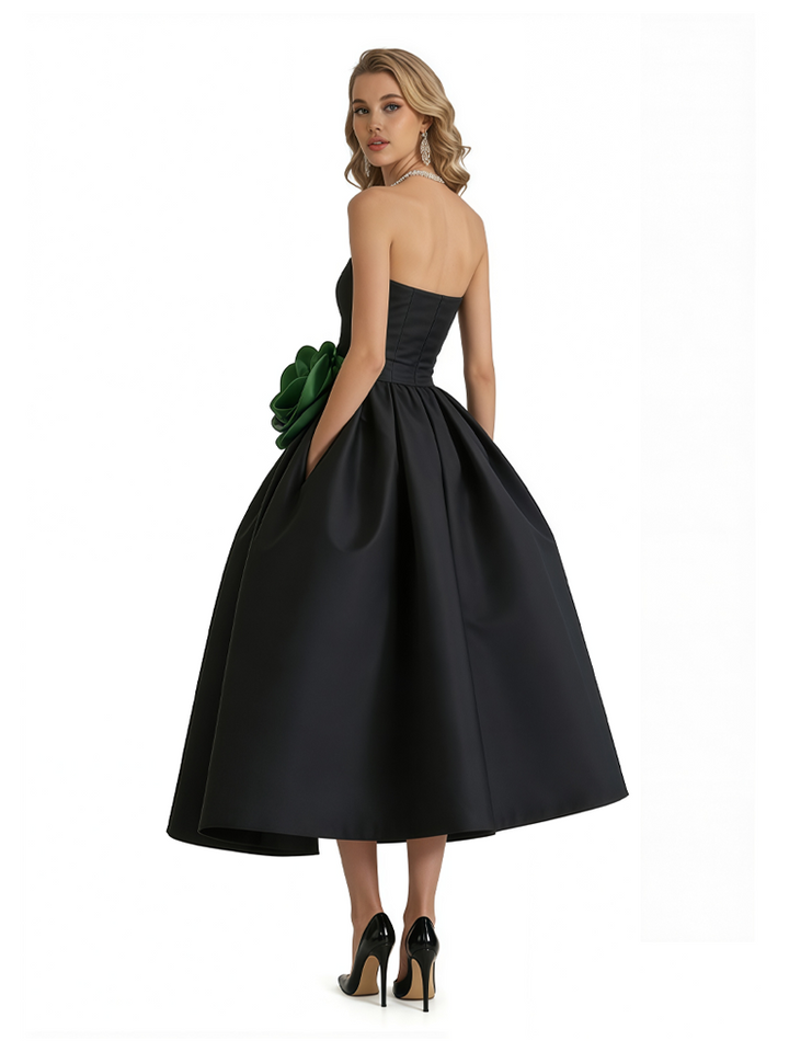 Chicsew Elegant Black and Green Satin Sweetheart A-Line Midi Formal Evening Dresses