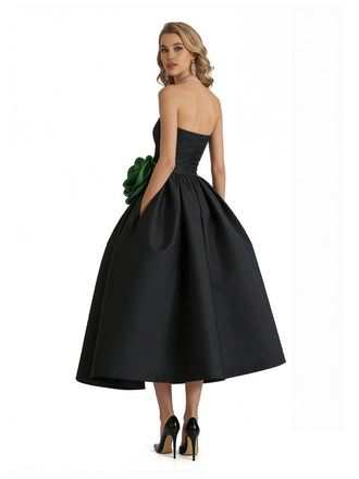 Chicsew Elegant Black and Green Satin Sweetheart A-Line Midi Formal Evening Dresses
