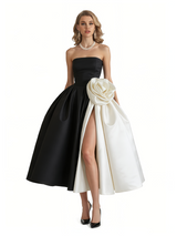 Chicsew Elegant Black and White Satin Sweetheart A-Line Midi Formal Evening Dresses