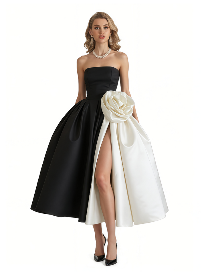 Chicsew Elegant Black and White Satin Sweetheart A-Line Midi Formal Evening Dresses