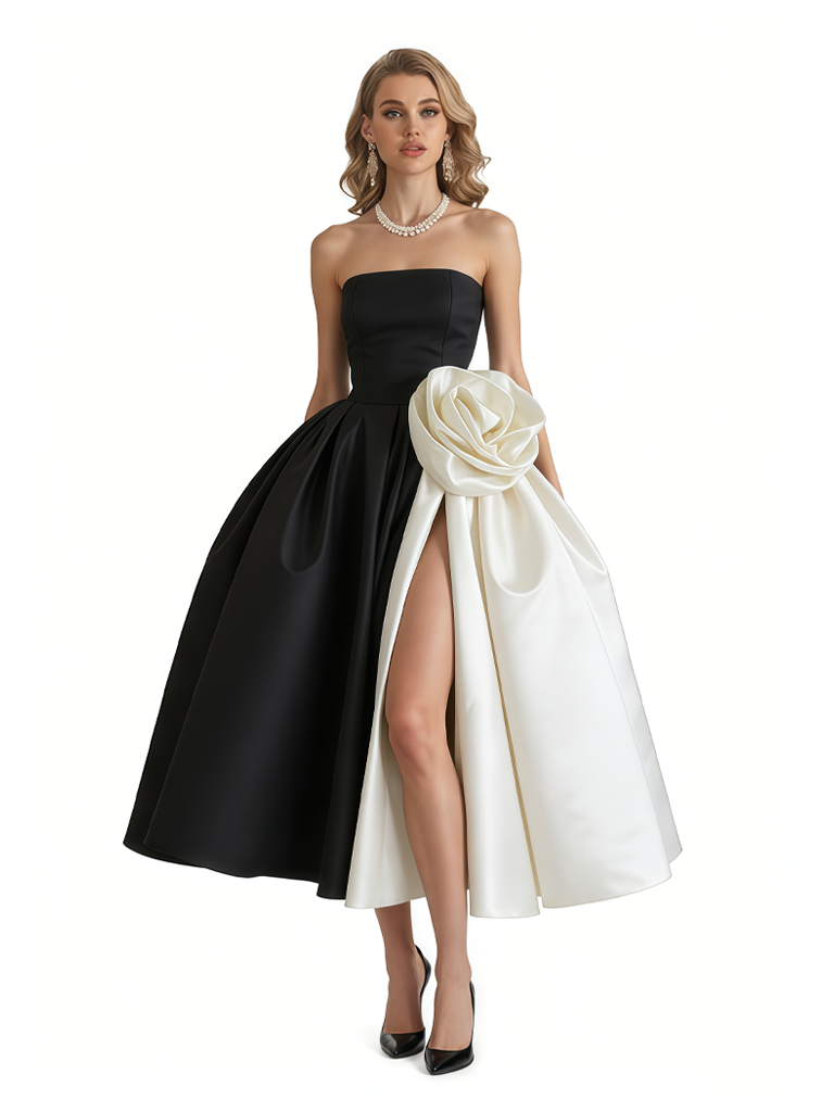 Chicsew Elegant Black and White Satin Sweetheart A-Line Midi Formal Evening Dresses