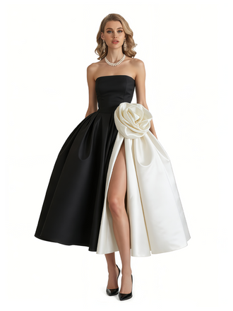 Chicsew Elegant Black and White Satin Sweetheart A-Line Midi Formal Evening Dresses