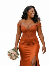 ChicSew Sexy Off Shoulder V-Neck Lace Appliques Side Slit Mermaid Soft Satin Bridesmaid Dresses