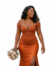 ChicSew Sexy Off Shoulder V-Neck Lace Appliques Side Slit Mermaid Soft Satin Bridesmaid Dresses