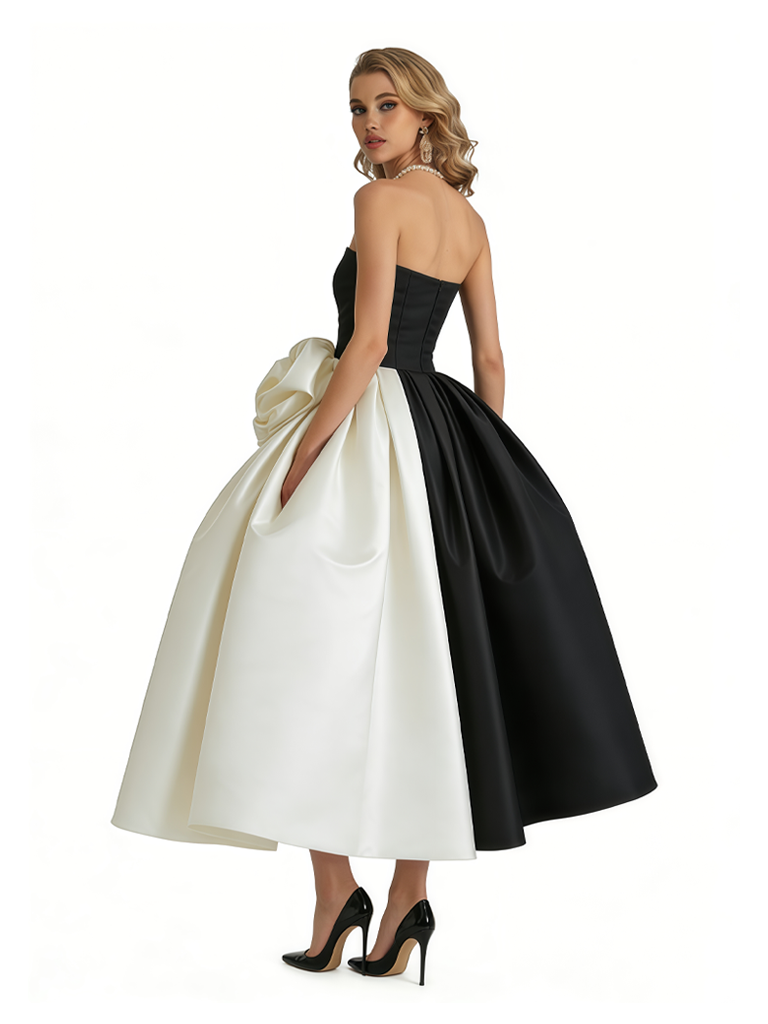 Chicsew Elegant Black and White Satin Sweetheart A-Line Midi Formal Evening Dresses