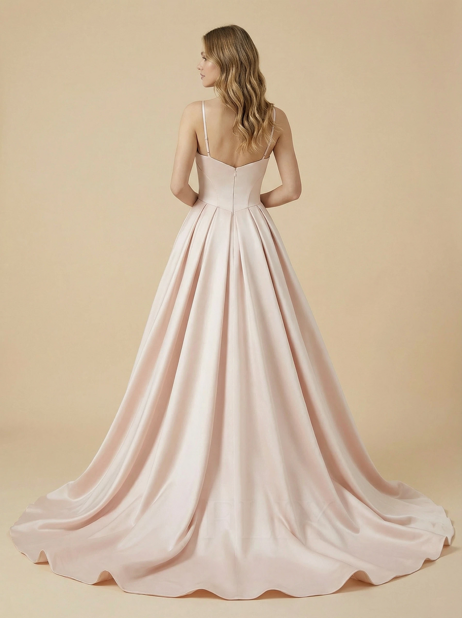 A-Line Spaghetti Straps Maxi Long Beaded Satin Wedding Dresses Online