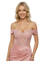 Elegant Off Shoulder Corset Lace Satin Mermaid Prom Dress Slit