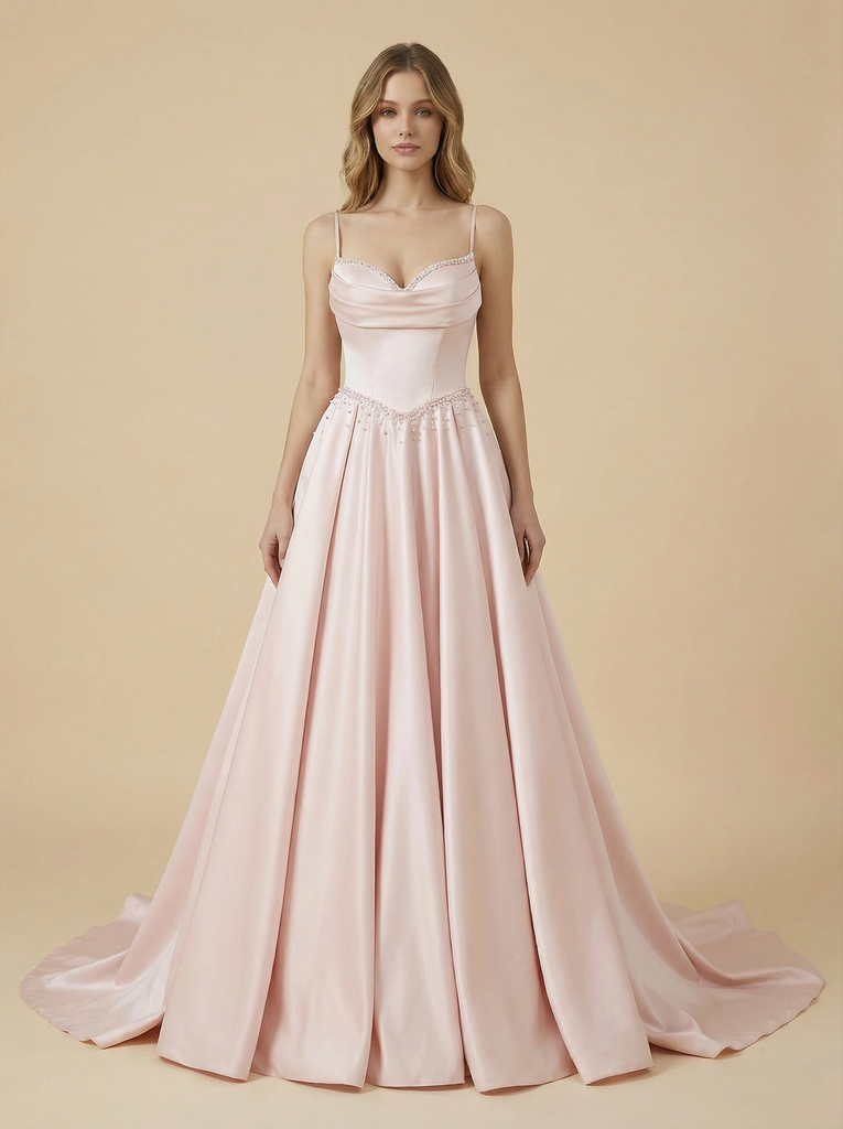 A-Line Spaghetti Straps Maxi Long Beading Satin Wedding Dresses Online